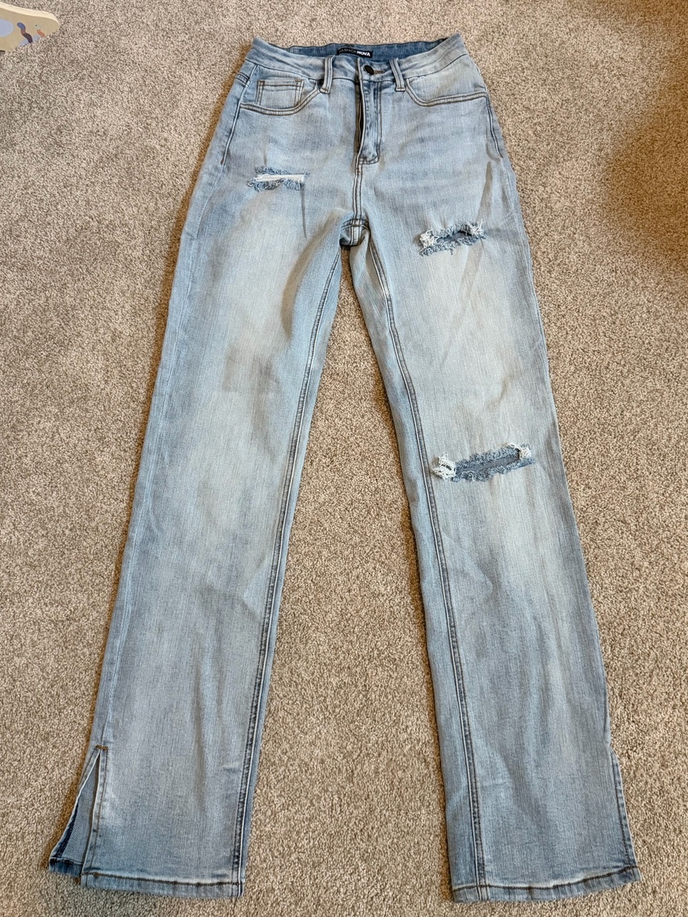 Light Blue Distressed Flare Jeans with Hem Slit